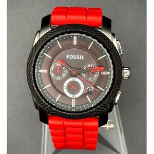 Fossil FS4598 Machine Chronograph Men’s Silver Red Silicone Strap 45mm Watch